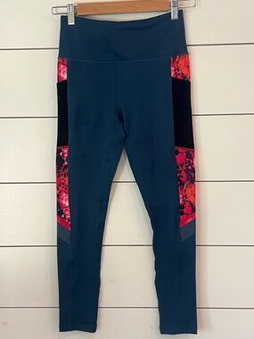 ZYIA teal High-Waist Leggings with pink Floral Panels size 4